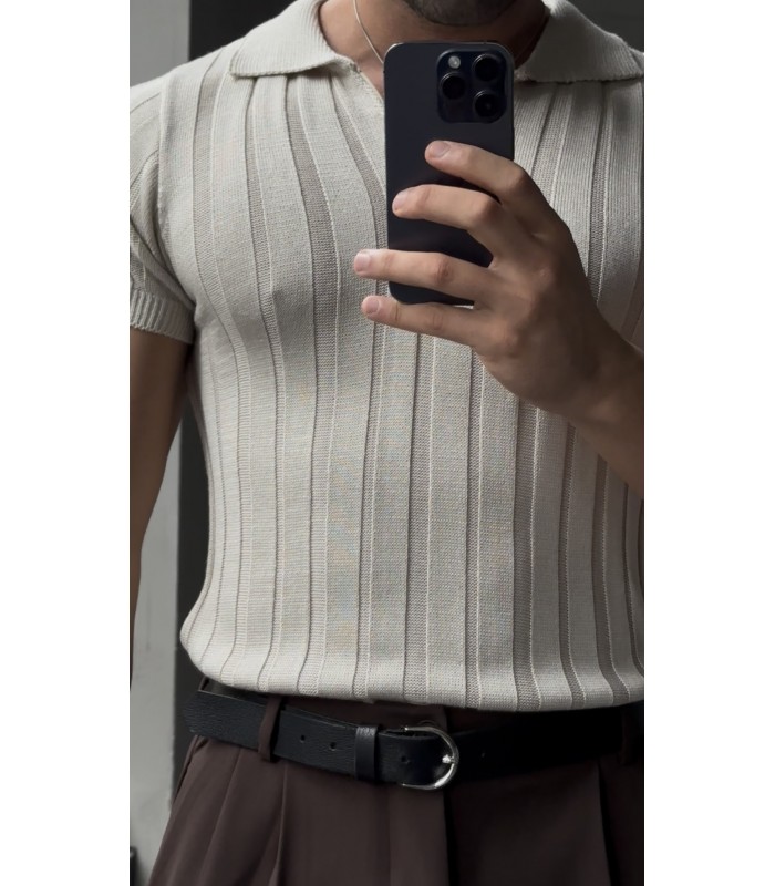 Likrali Yaka Fermuar Özel Desen Detayli Tshirt