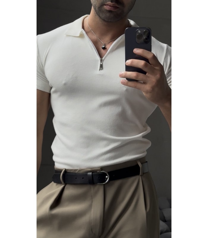 Özel Kumaş Likrali Yaka Fermuar Detayli Tshirt