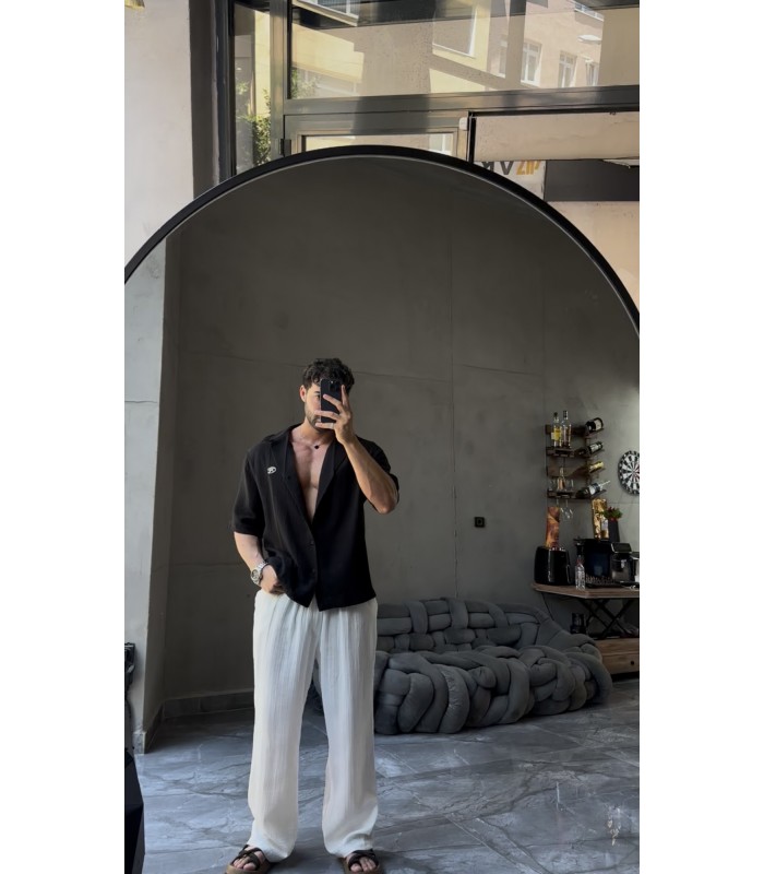 Oversize Kisa Kol Keten Gömlek