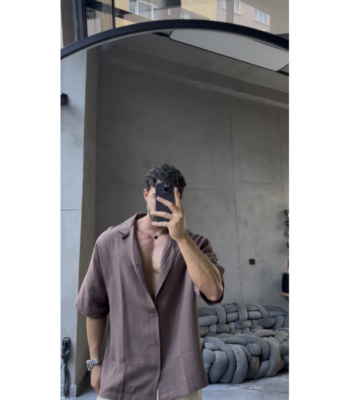 Oversize Kisa Kol Keten Gömlek