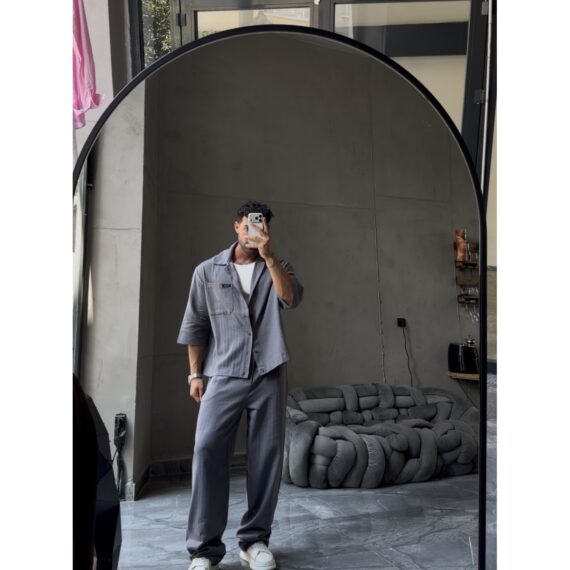 Antrasit Oversize Kısa Kollu Blazer & Wide Leg Pantolon